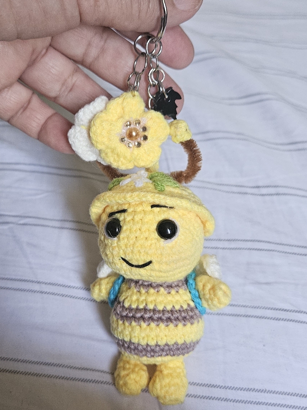 Yellow Crochet Bee Keychain Backpack Charm with Flower Accent